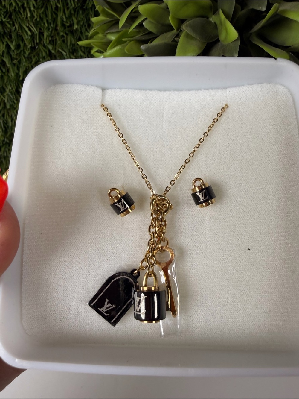 Black  & Gold Padlock Charm Necklace and Earring Set